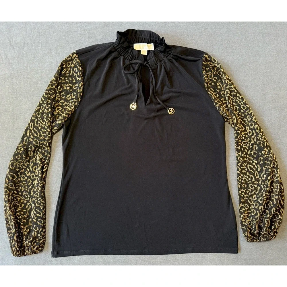 NEW Michael Kors Blouse Black Gold Leopard Print Ruffle Tie Neck Long Sleeve Lrg